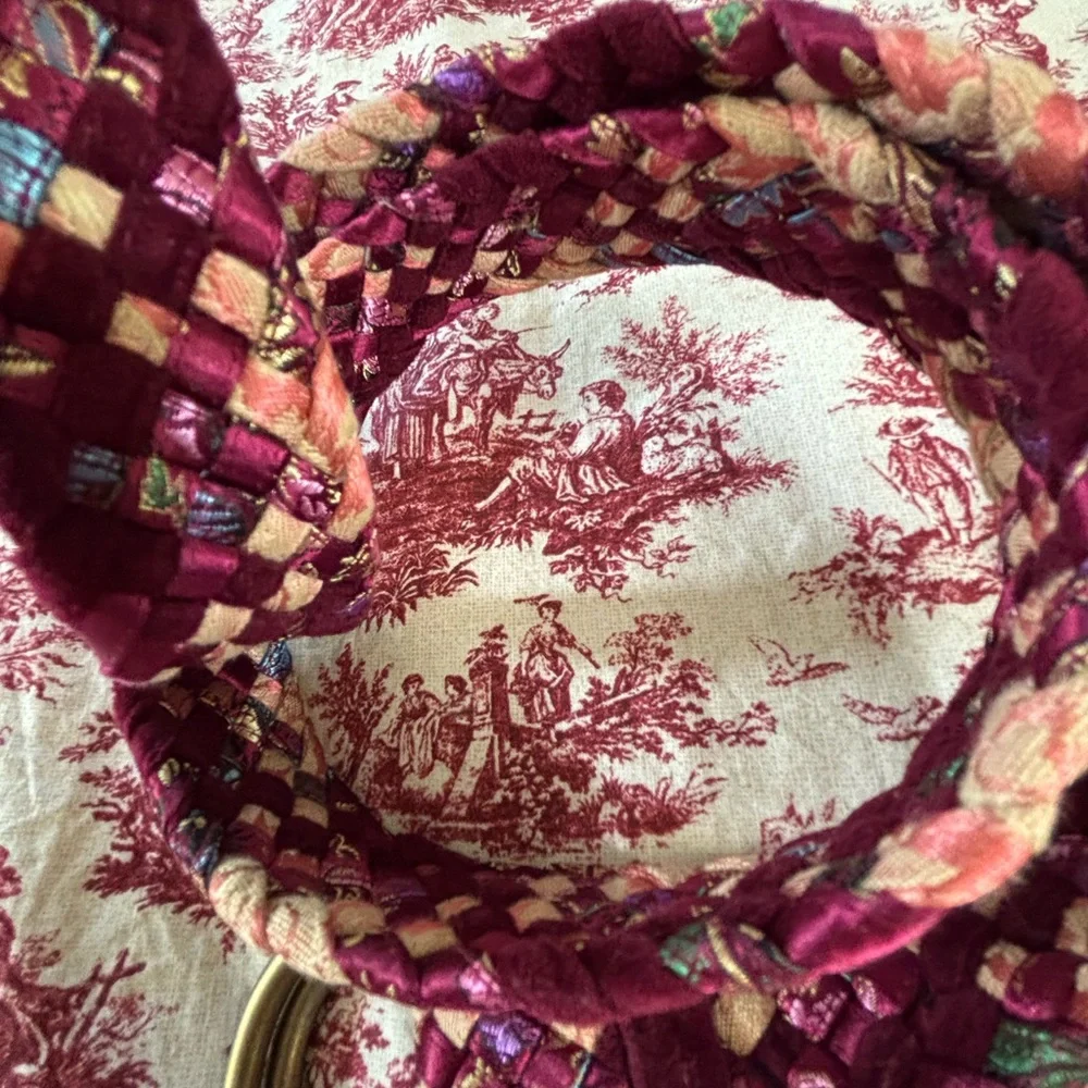 Large Upcycled Woven Boho Tapestry Textiles Belt, Dark Pinks, Double loop buckle